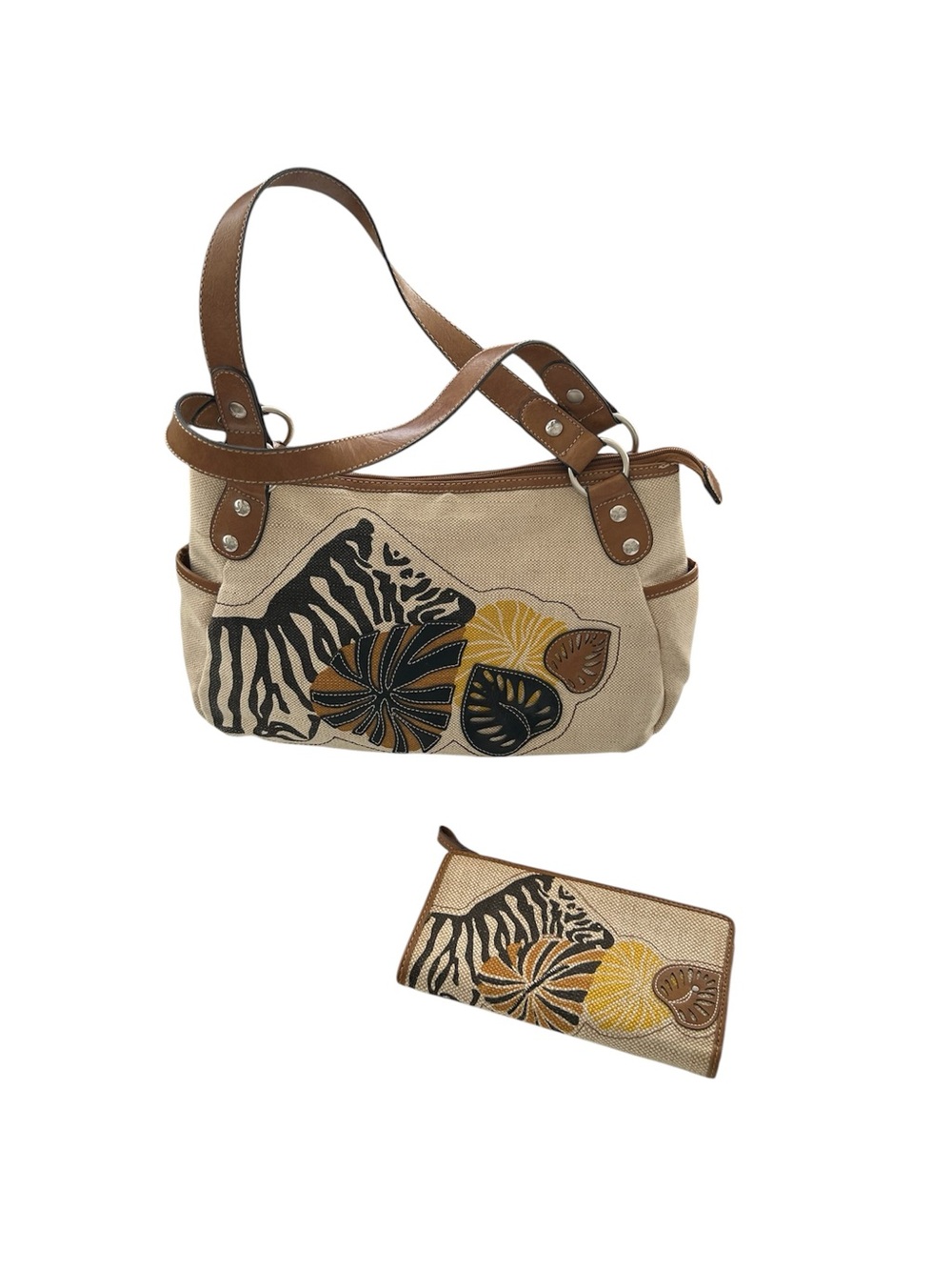 Relic Zebra Canvas and Faux Leather Handbag With Matching Wallet